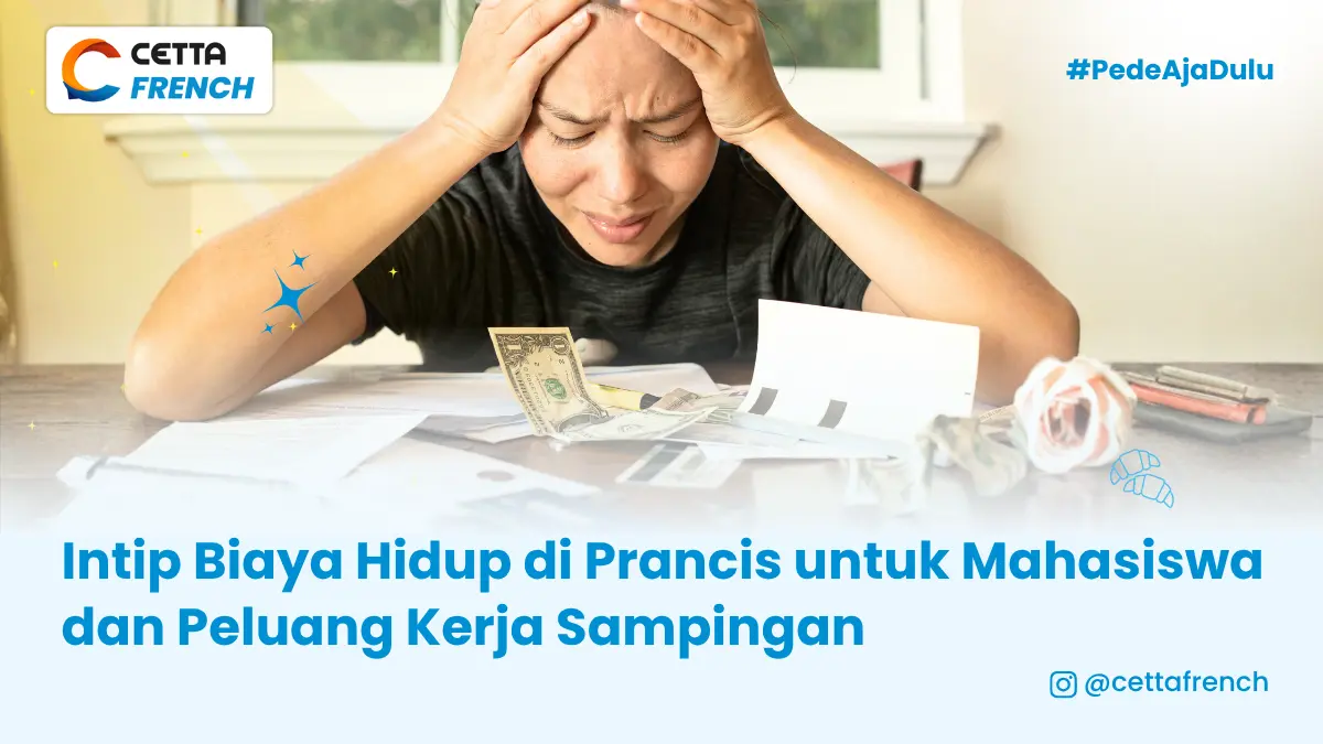 seorang wanita muda sedang memegang kepalanya merasa pusing dengan uang kertas yang berserakan di depannya
