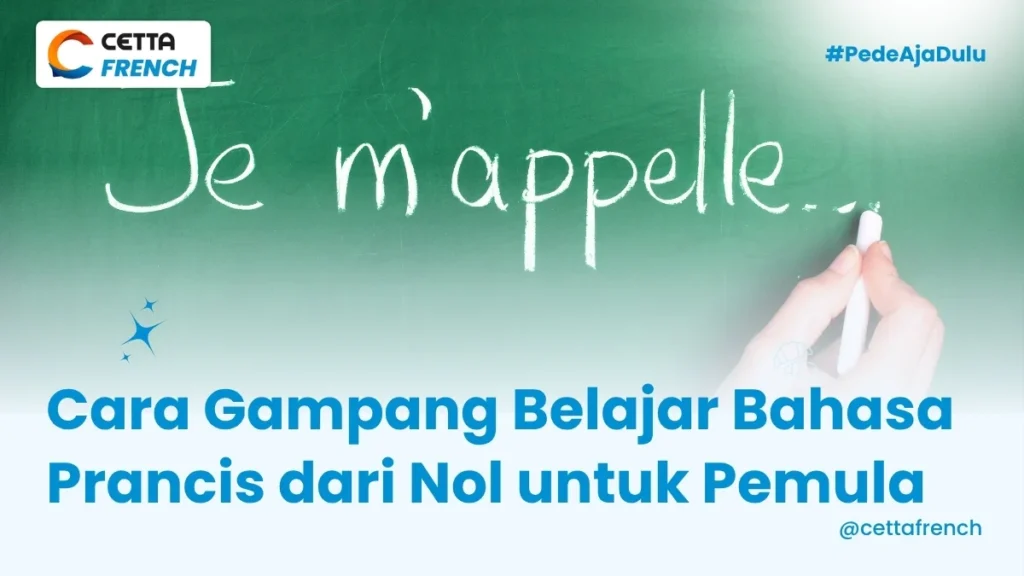 Sebuauh papan tulis hijau bertuliskan je m'appelle menggunakan kapur